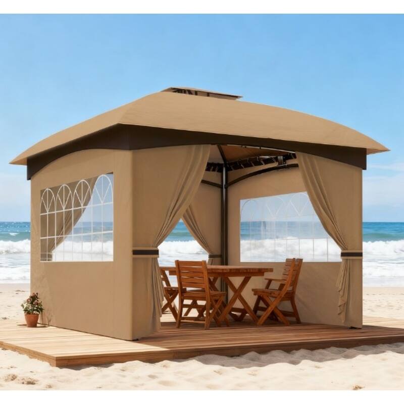 GDFStudio - Outdoor 11'x11' Double Roof Patio Gazebo with Church Windows & Curtains - Beige