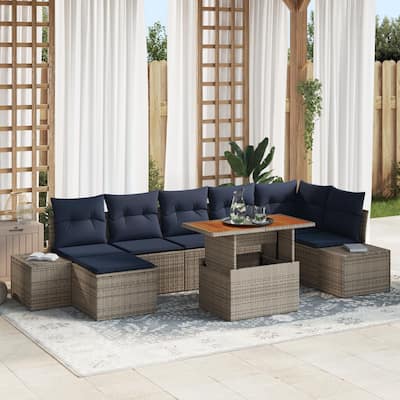 vidaXL 8 Garden Sofa Set with Cushions Black/Grey Poly Rattan - 125.6 x 60.6 x 27.2