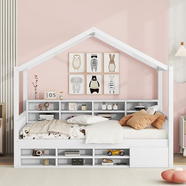 slide 2 of 41, Wooden House Bed with Shelves & Roof, Mini-cabinet White - Twin