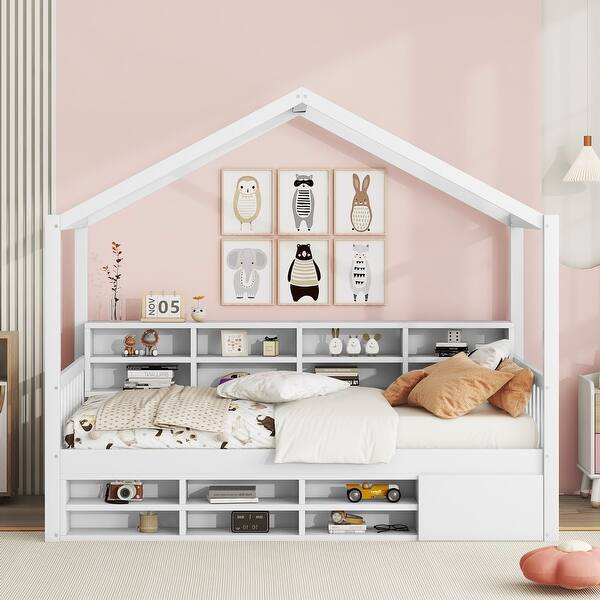 slide 2 of 18, Wooden Twin Size House-shaped Bed with Storage Shelves and a Mini-Cabinet White