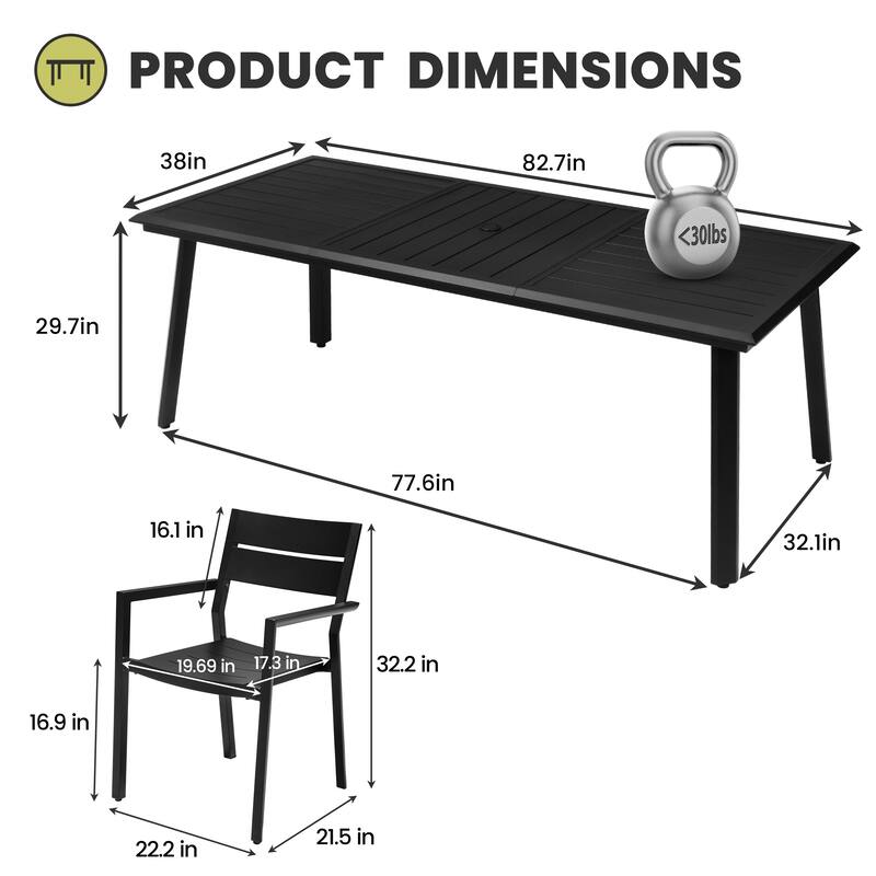 7/9/11 Piece Set Outdoor Aluminum Dining Table with Umbrella Hole for 6-10 Person and Stackable Dining Chairs