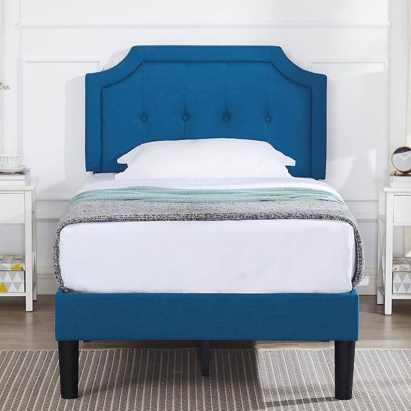 VECELO Upholstered Platform Kids Bed with Adjustable Headboard,Twin Size Bed Set of 2