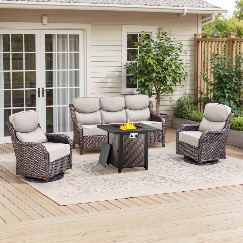 Pocassy 30 Inch Fire Pit Table with Sofa Swivel Chair Set - Beige Cushion Brown Wicker - 4-Piece Sofa Siwvel Chair w/ Fire Pit Table