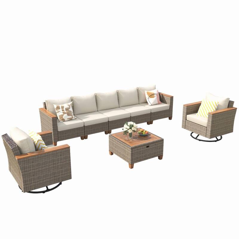8-Piece Wicker Outdoor Conversation Set with Swivel Rocking Chairs and Acacia Wood Storage Table