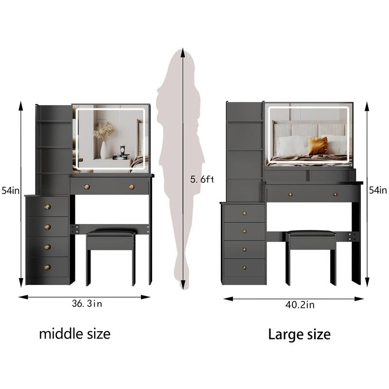 Vanity Desk with Touch Control LED Sliding Mirror, Large Capacity Dresser Table Set, Makeup Vanity with 5 Drawers & Stool - Black
