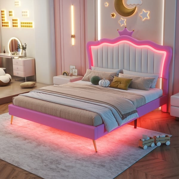 slide 2 of 14, Full Upholstered Bed with LED and Adjustable Crown Headboard Pink+White