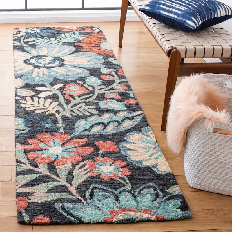 SAFAVIEH Handmade Jardin Anastasija Country Floral Wool Rug - 2'3" x 8' Runner - Charcoal/Blue
