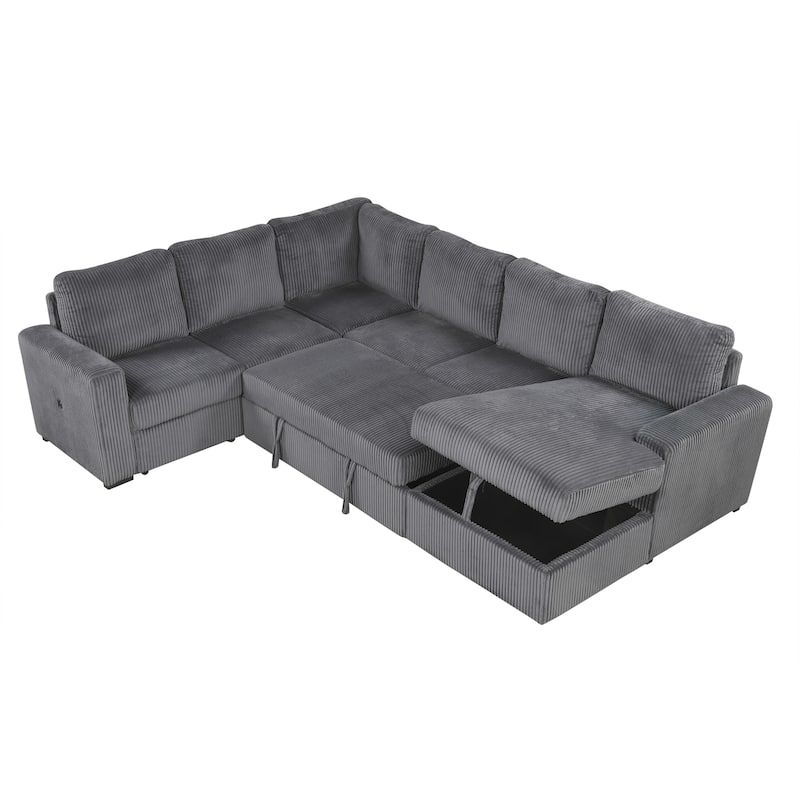 115.6" Corduroy U-Shaped Sectional Sofa with Pull-out Bed, Storage & USB Ports