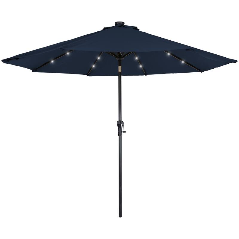 9Ft Solar Lighted Patio Market Umbrella Hand Crank Tilt Navy Blue