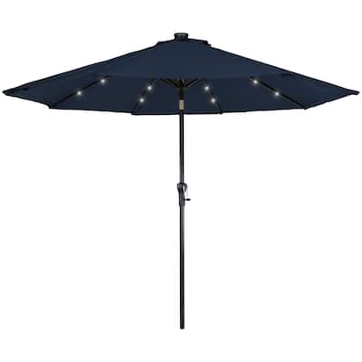 9Ft Solar Lighted Patio Market Umbrella Hand Crank Tilt Navy Blue