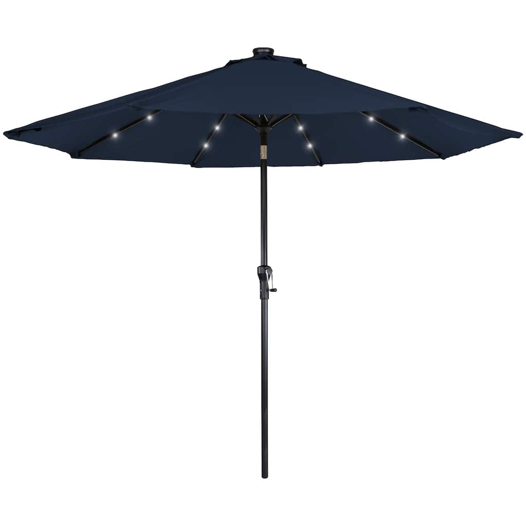 9Ft Solar Lighted Patio Market Umbrella Hand Crank Tilt Navy Blue