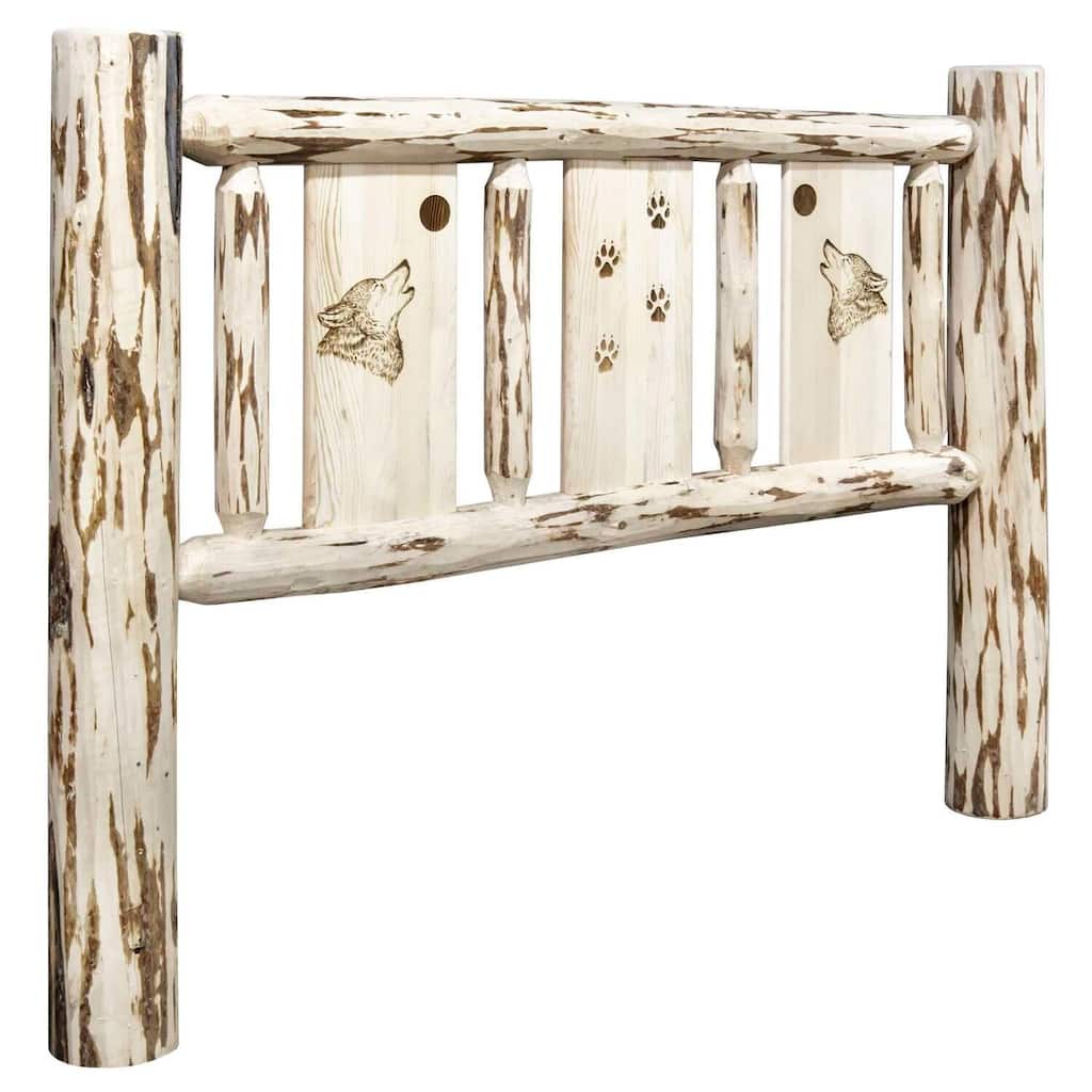 California King Size Headboard with Laser Engraved Wolf Design, Clear Lacquer Finish, Rustic Lodge Appeal