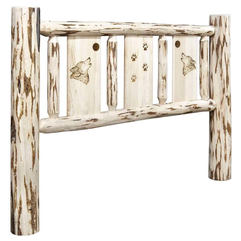 California King Size Headboard with Laser Engraved Wolf Design, Clear Lacquer Finish, Rustic Lodge Appeal