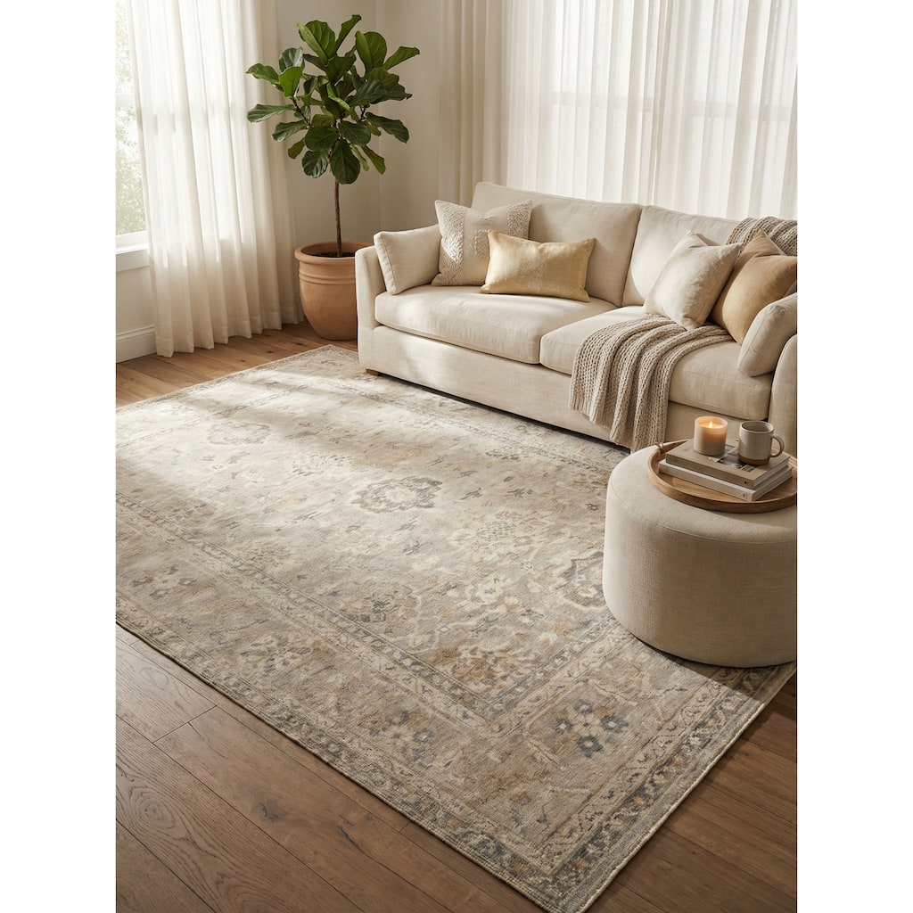 EXQUISITE RUGS Antique Weave Oushak Hand-knotted New Zealand Wool Ivory/Brown Rug.