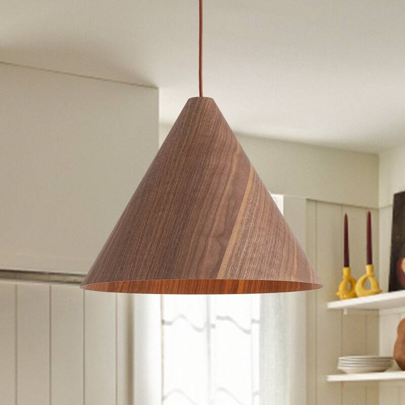 Modern Natural 1-Light Cone-Shaped Wood Grain Pendant - 17.7in - Walnut