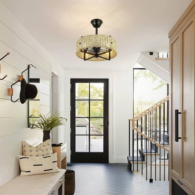 4-Light Traditional Boho Cylinder Drum Woven Rattan and Bamboo Ceiling Fan - 19.3 in. W x 8.3 in. H