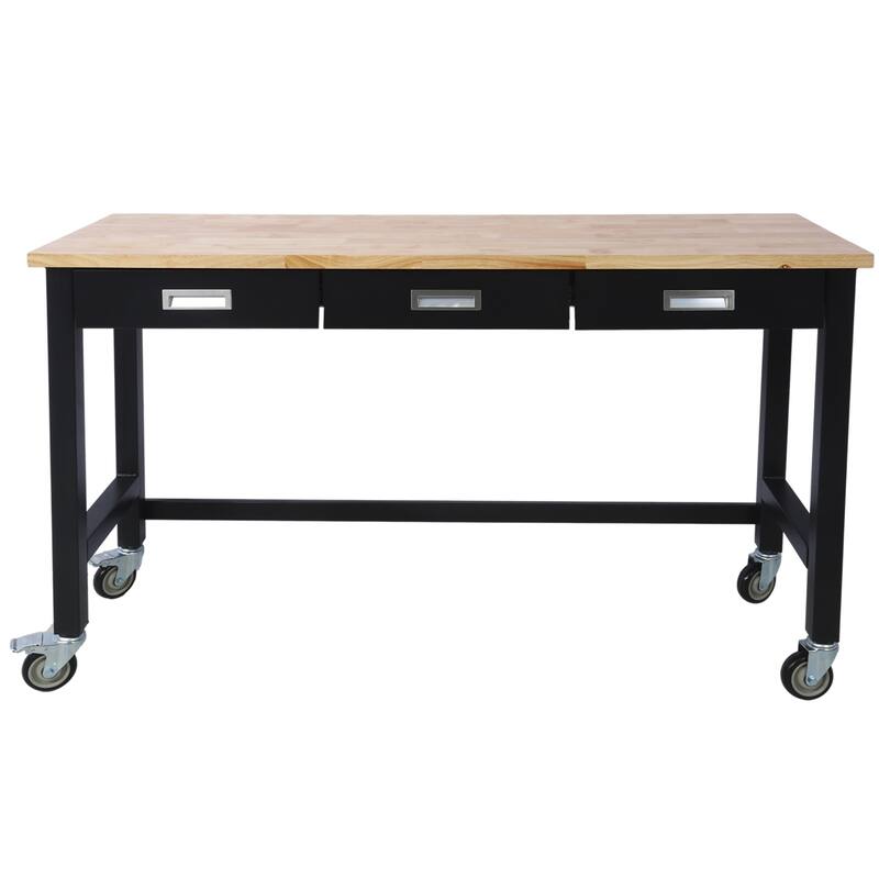 Bamboo Bench,Storage Workbench with Drawer, Wood Work Table with Wheels