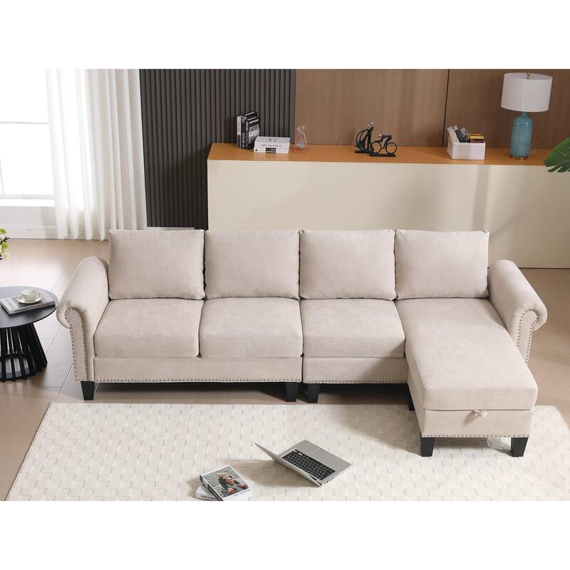 Linen Fabric Sectional Sofa, L-shaped Upholstered Sofa with Storage, Modern Rolled Arms Couch for living room