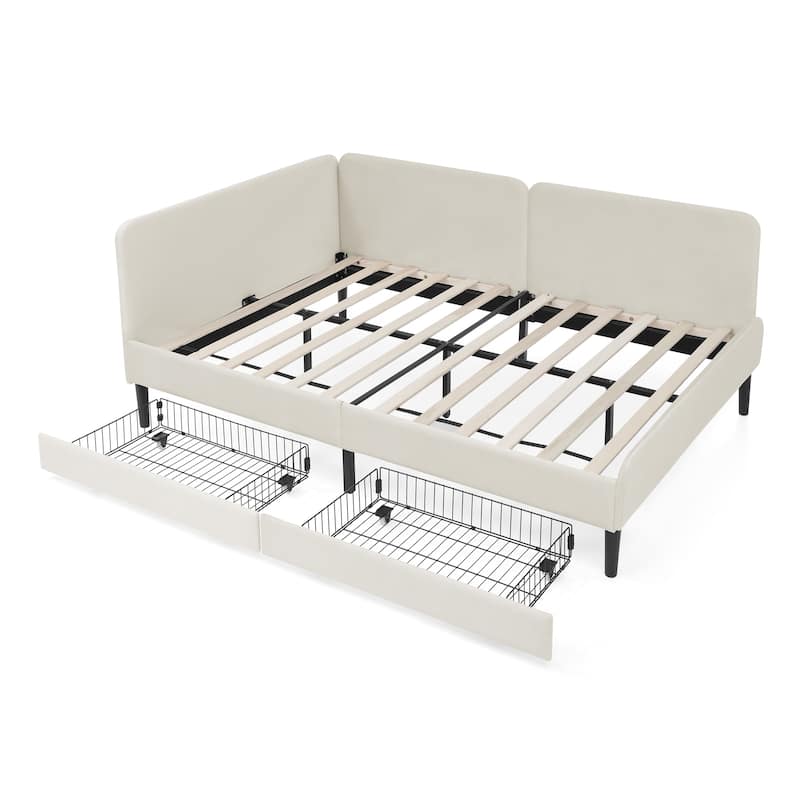 Roomfitters Twin/Full Upholstered Platform Bed with Side Backrest and Underbed Storage Trundle