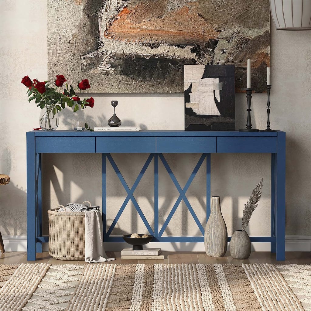 Console Table with 4 Spacious Drawers,Modern Crisscross Design Entryway Table for Living and Storage