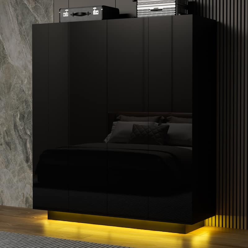 63"W Family 4-Door Wardrobe Armoire Closet Storage LED Light High Gloss - N/A