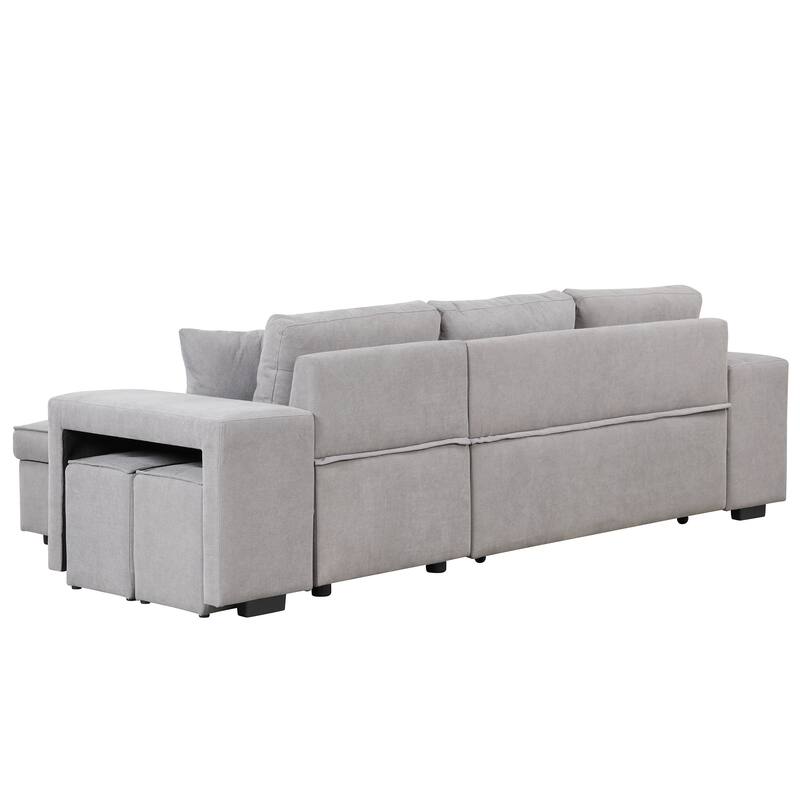 Modern L-Shape 3 Seat Reversible Sectional Couch, Pull Out Sleeper Sofa with Storage Chaise and 2 Stools