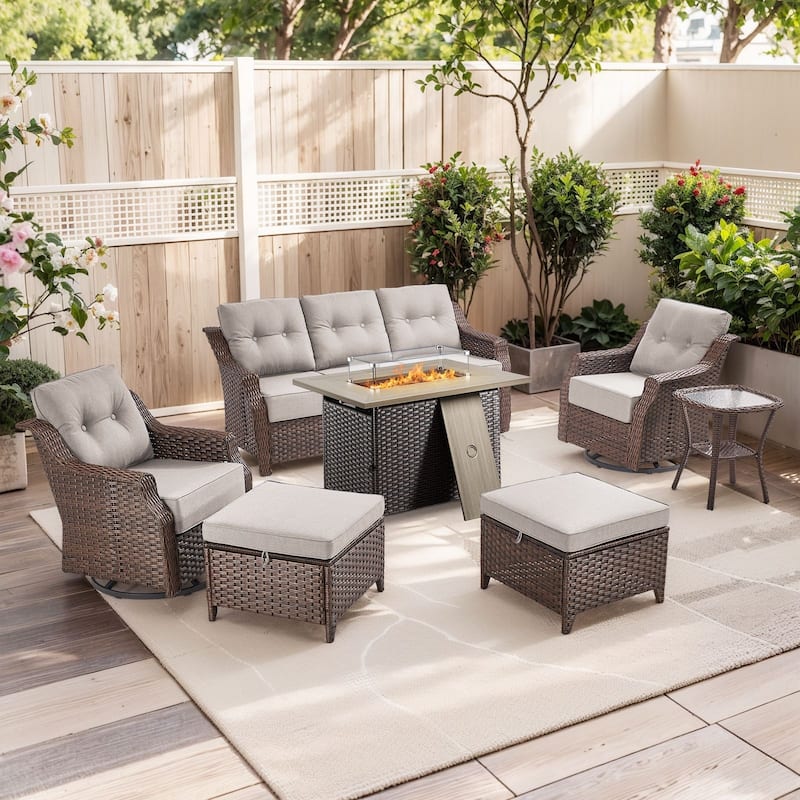 Outdoor Furniture Set with Propane Gas Fire Pit Table - Brown Wicker & Beige Cushion - 7-Piece Sofa Chair with Rectangle Fire Table