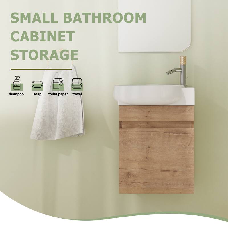 Malwee 16" Floating Bathroom Vanity, Mini Wall Mounted Bathroom Vanity with Ceramic Sink and Soft Close Door