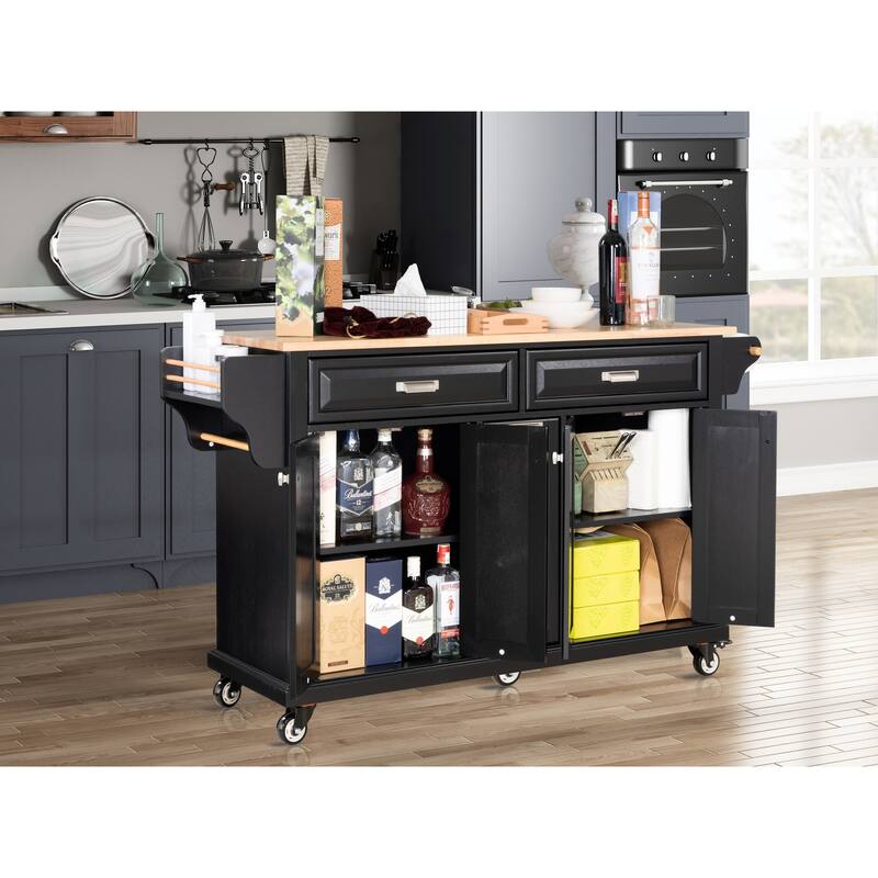Kitchen Island with Rubber wood Countertop, Kitchen Cart on 5 Wheels with Storage Cabinet and 2 Top Drawers