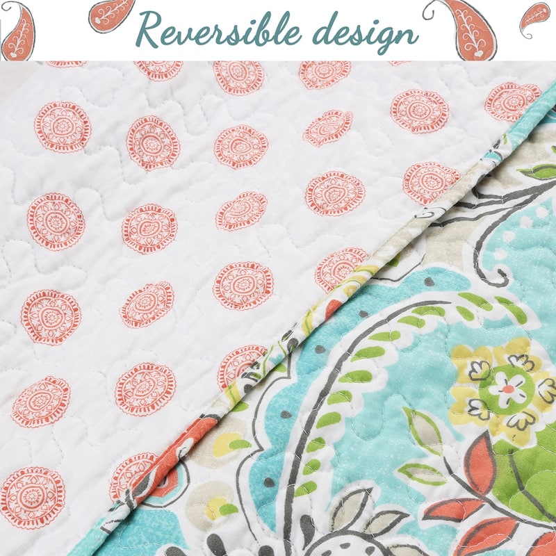 Paisley Floral Turquoise Blue Coral Yellow Grey Green Microfiber Reversible DayBed Quilted Bedding Set