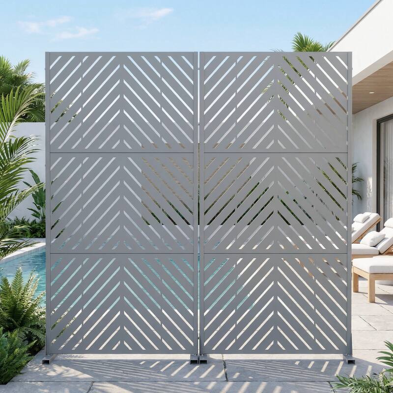 Outdoor Privacy Screen with Stand for Patio Garden Metal Fence Set of 2 - Grey - 72"x35"