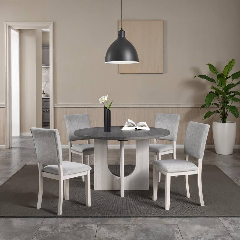 Classic Round Dining Table 1pc Dining Room Furniture Gray Two-Tone Finish U-shaped Pedestal Base Table