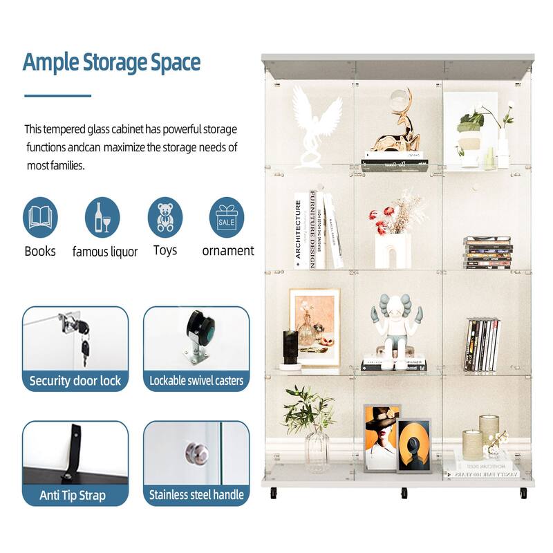 Tempered Glass Cabinet,Wine Cabinet,Storage Cabinet with Bluetooth LED Light Strips,Tempered Glass Top,Lock on Door Wheels