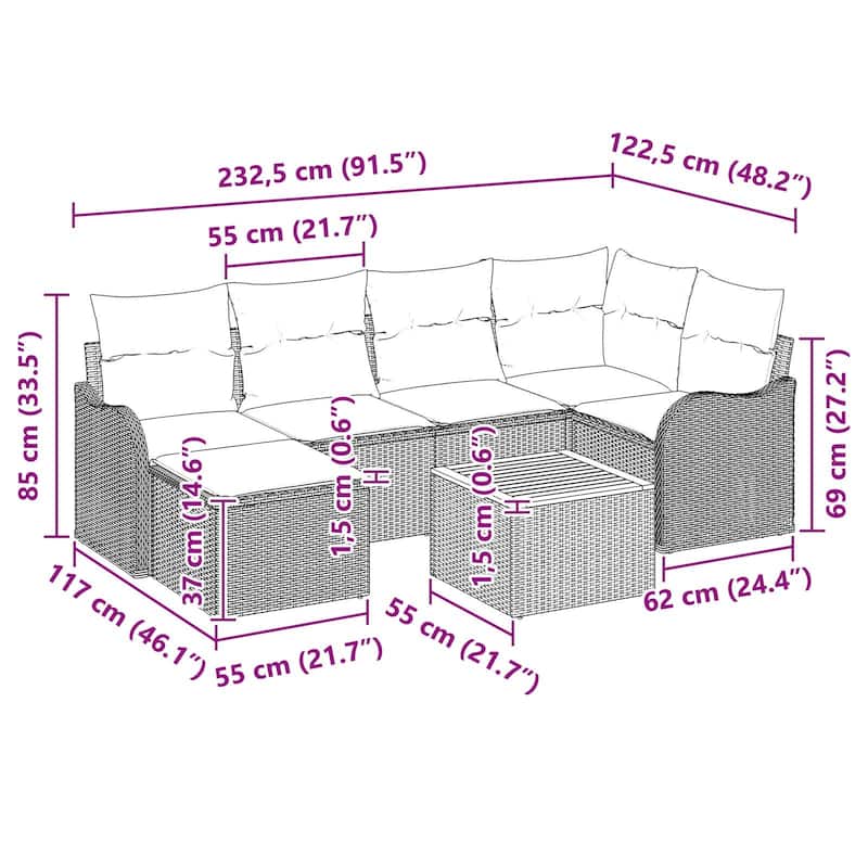 vidaXL 7 Piece Garden Sofa Set with Cushions - 91.5×48.2×27.2