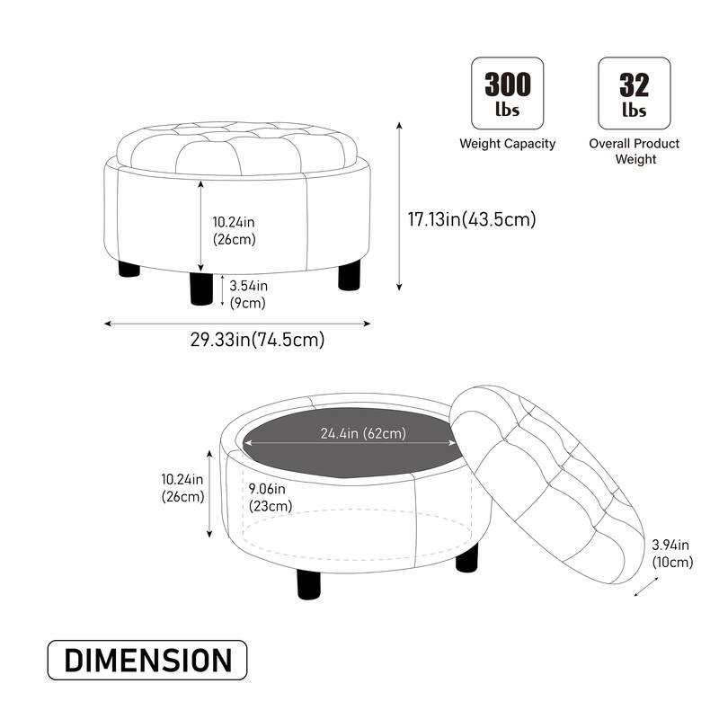 Fabric Storage Ottoman with Reversible Lid and Buckle Design Footstool
