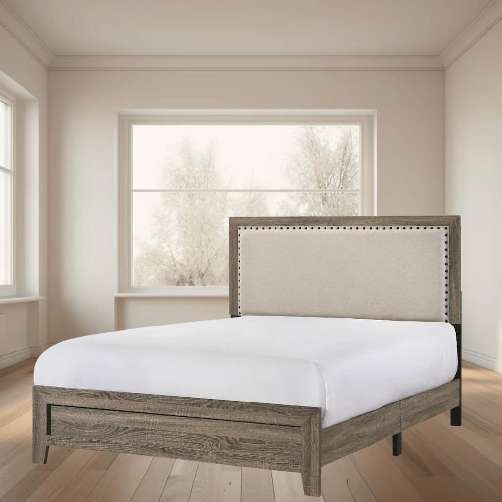 Queen Size Upholstered Bed Frame with Tufted Headboard, Nailhead Trim, and Crystal Inlay, Beautiful Wooden Panel Bed Frame