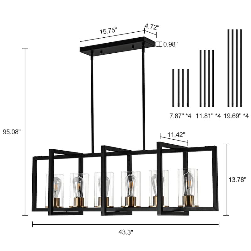 6-Light Modern Industrial Linear Crystal Kitchen Island Pendant Light - 43.3"