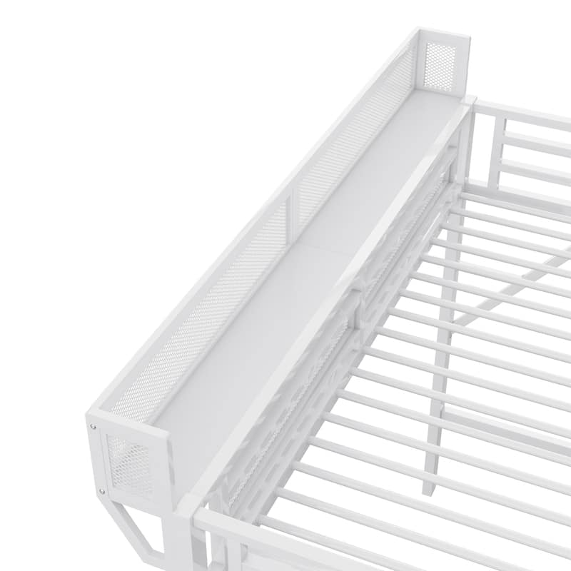 Metal Loft Bed with Wooden Stairs Built-in Storage Shelves and Wardrobe, High Loft Bed Frame with Side Grid Storage Rack