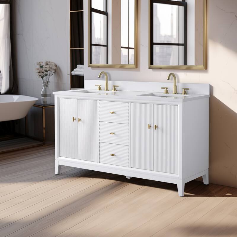 Vanity Art 60" Freestanding Bathroom Vanity with Engineered Marble Top and Sinks