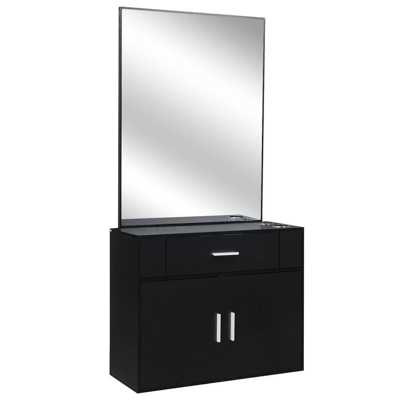 Black Wall Mounted Hair Styling Station with Mirror Drawer and Storage Cabinet for Salon Use - 59.4” x 29.6” x 11.8" (L x W x H)
