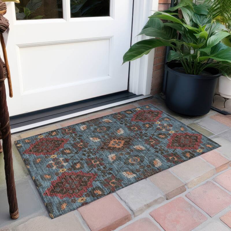 Machine Washable Indoor/ Outdoor Boho Traditional Chantille Rug - Denim - 1'8" x 2'6"