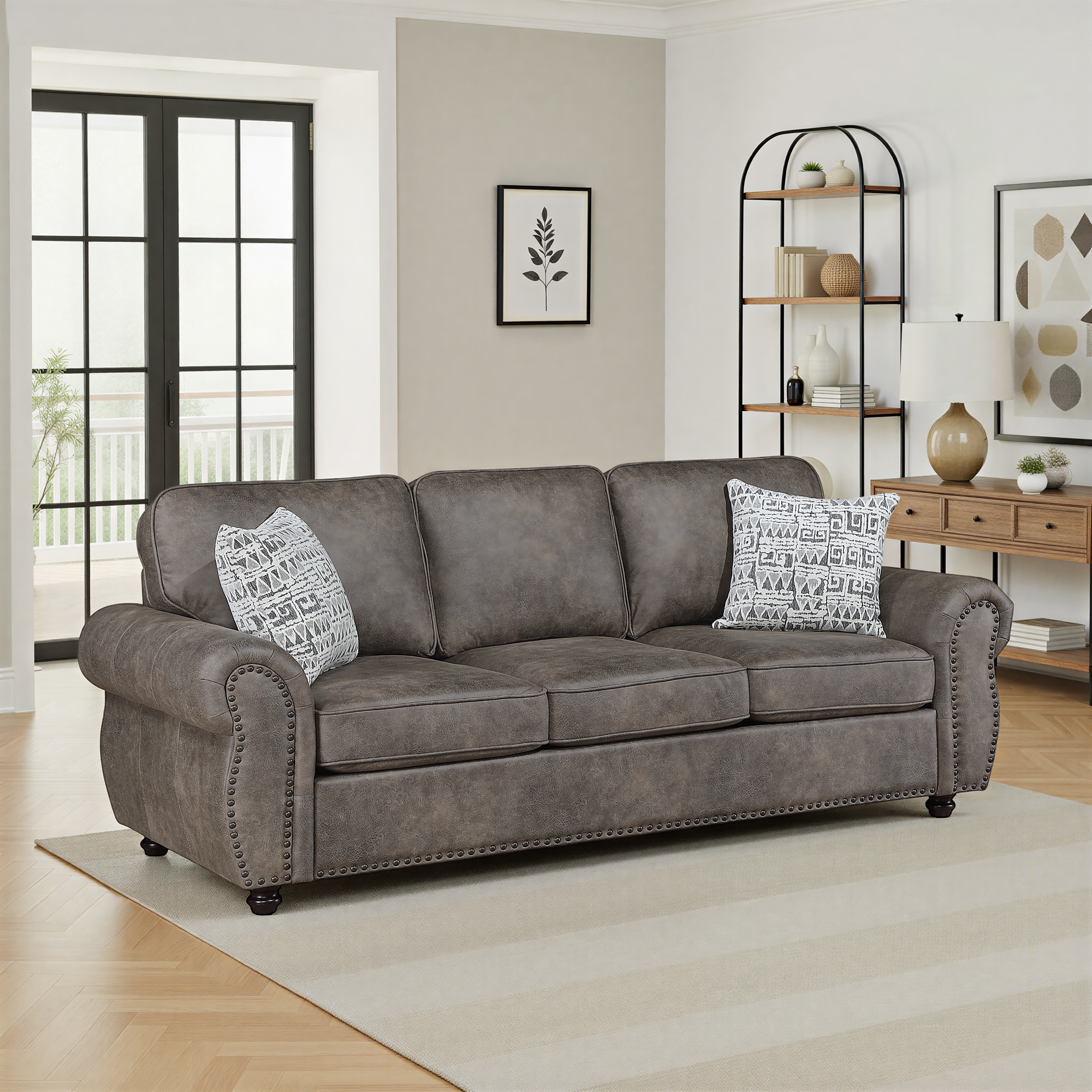 Nook 91" Microfiber Living Room Sofa with Two Decor Pillows