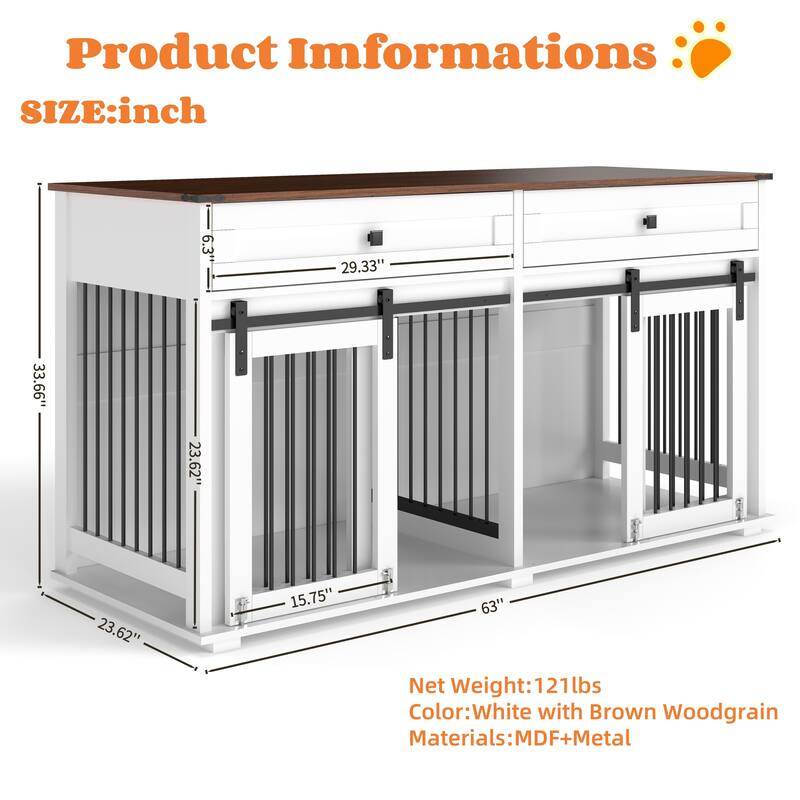 63'' Large Dog Crate Furniture Wooden Dog Kennel with 2 Drawers, Divider and Sliding Door