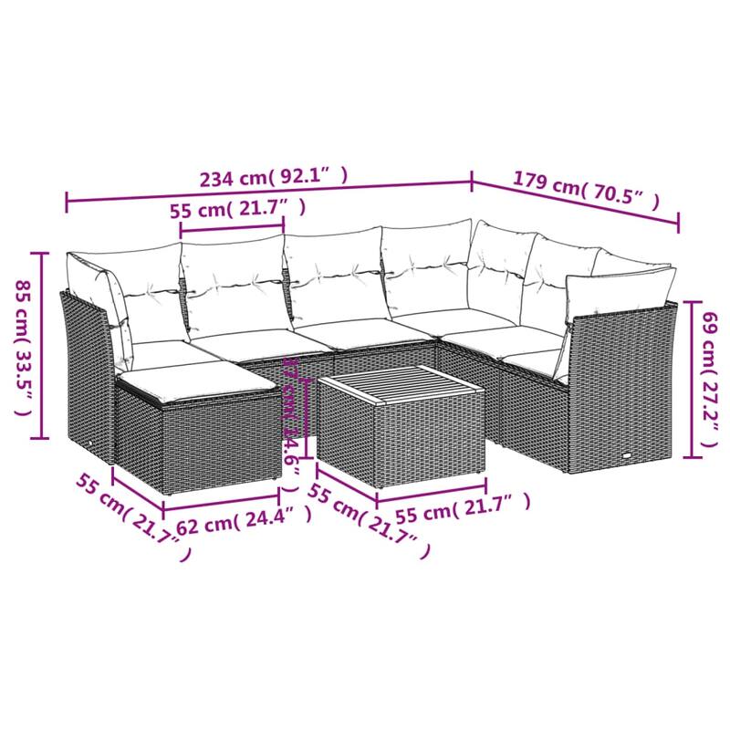 vidaXL Patio Sofa Set with Cushions Outdoor Furniture 8 Piece Poly Rattan - 21.7 x 21.7 x 14.6