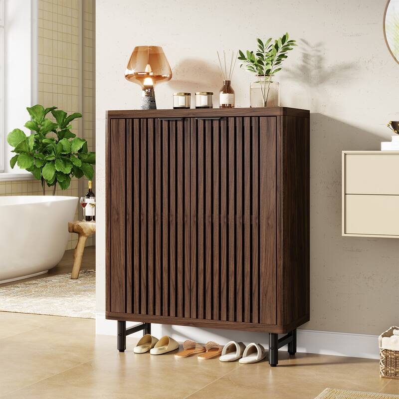 Wooden Bathroom Floor Cabinet, Adjustable Shelves Large Storage Sideboard Accent Cabinet for Bathroom Kitchen Living Room