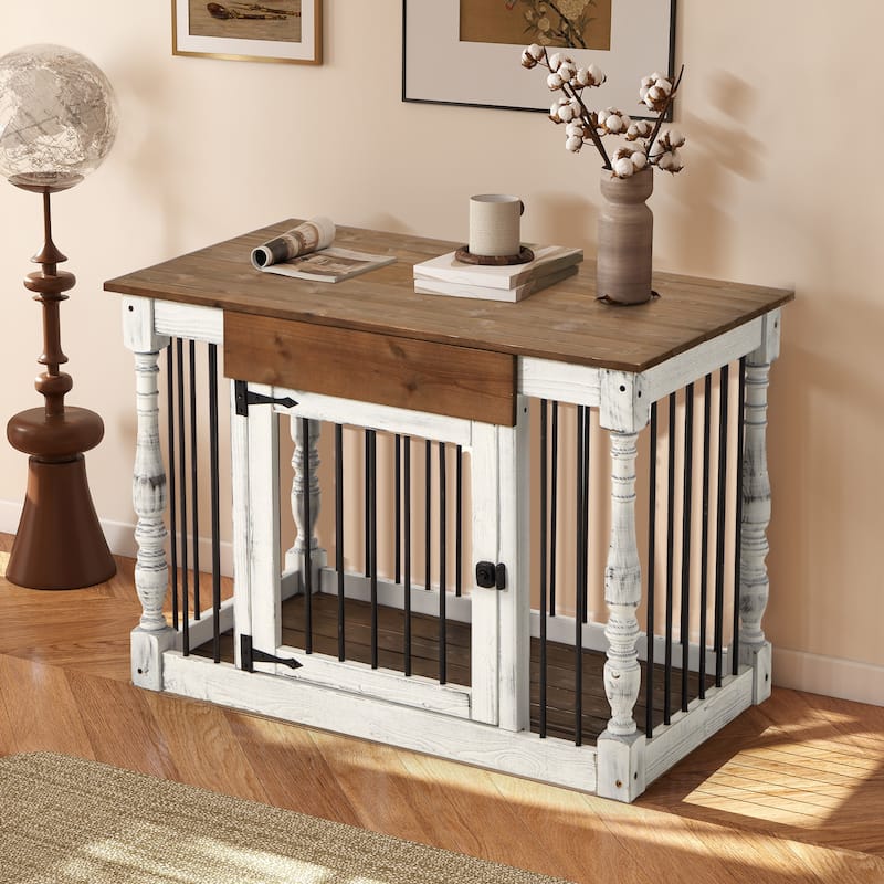 EROMMY 39" Wood Dog Crate Furniture – Waterproof Top, Roman Columns, Sturdy Iron Bar Kennel, Stylish End Table Indoor Dog Cage - Wood - Assembly Required - 39''