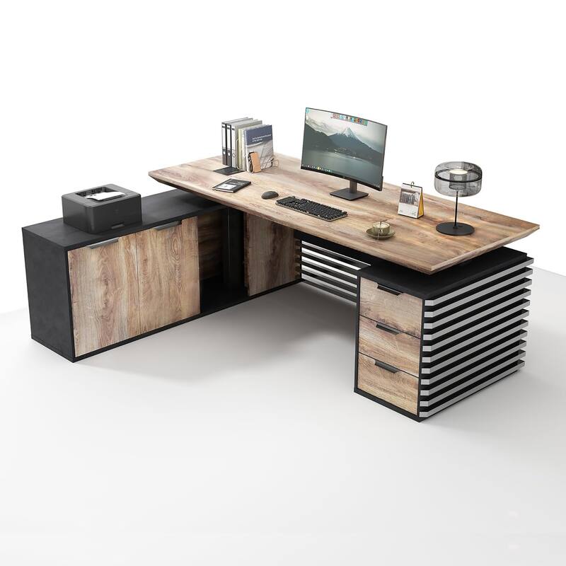 L-Shaped Executive Desk Adjustable Height with Universal Charging Ports Drawers and Cable Management