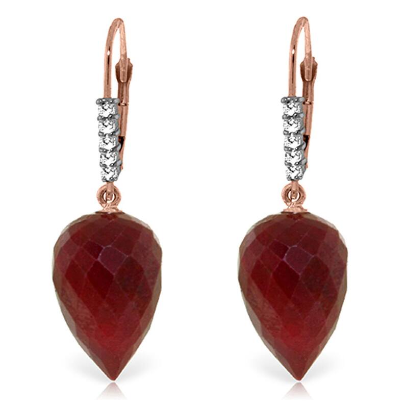26.25 Carat 14K Solid Gold Drop Briolette Ruby Diamond Earrings - Rose