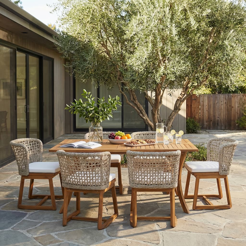 Christopher Knight Home - Bayhaven Outdoor Acacia Wood 7-Piece Dining Set with Wicker Armchairs and Cushions