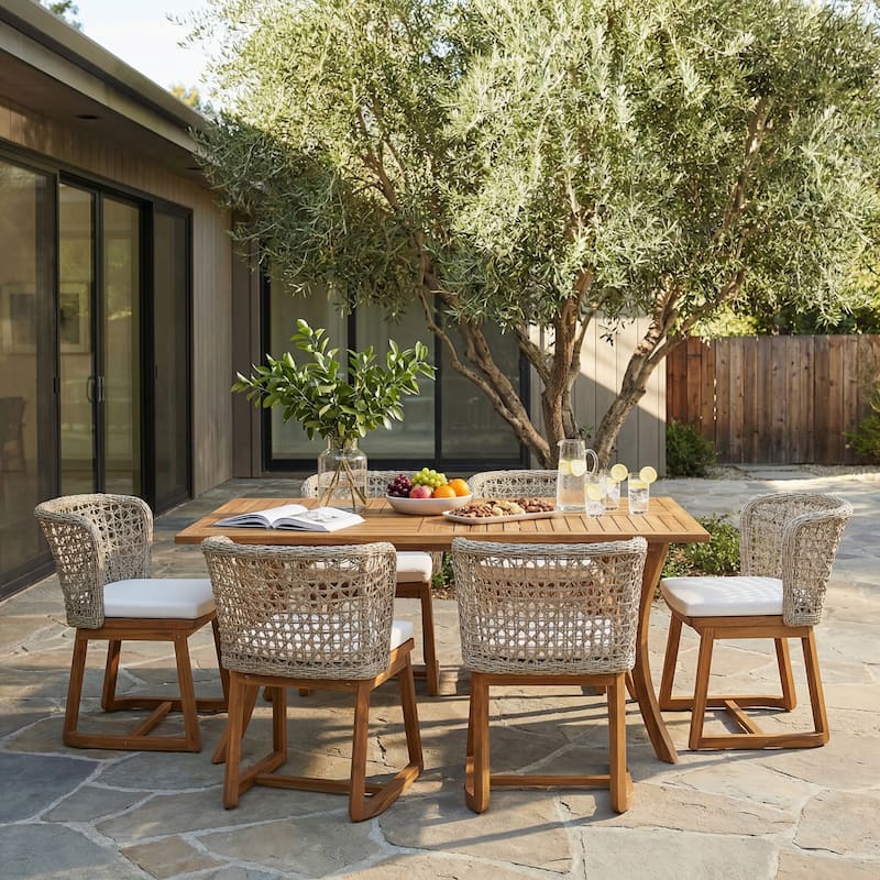 Christopher Knight Home - Bayhaven Outdoor Acacia Wood 7-Piece Dining Set with Wicker Armchairs and Cushions - Beige,Light Brown Multi,Teak